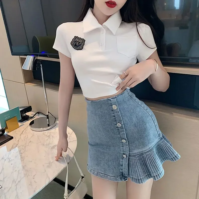 Short Sleeve Female Outfits Sexy White Cotton Mini Denim Skirt Night Club Women's Two Piece Set Top and Bottom Festival Stylish