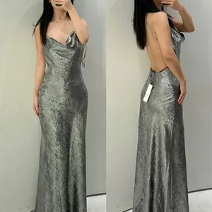 TRAFZA-Uzun Elbise Askısı-Gümüş, Saten, Kadın, Kolsuz, Sırtı açık, ekip Boyun Drapinada, Spagetti Sapanlar Parti Gecesi-Kadın Modası Elbisenin ilk 10 satışı saten ve gümüş 8 numara