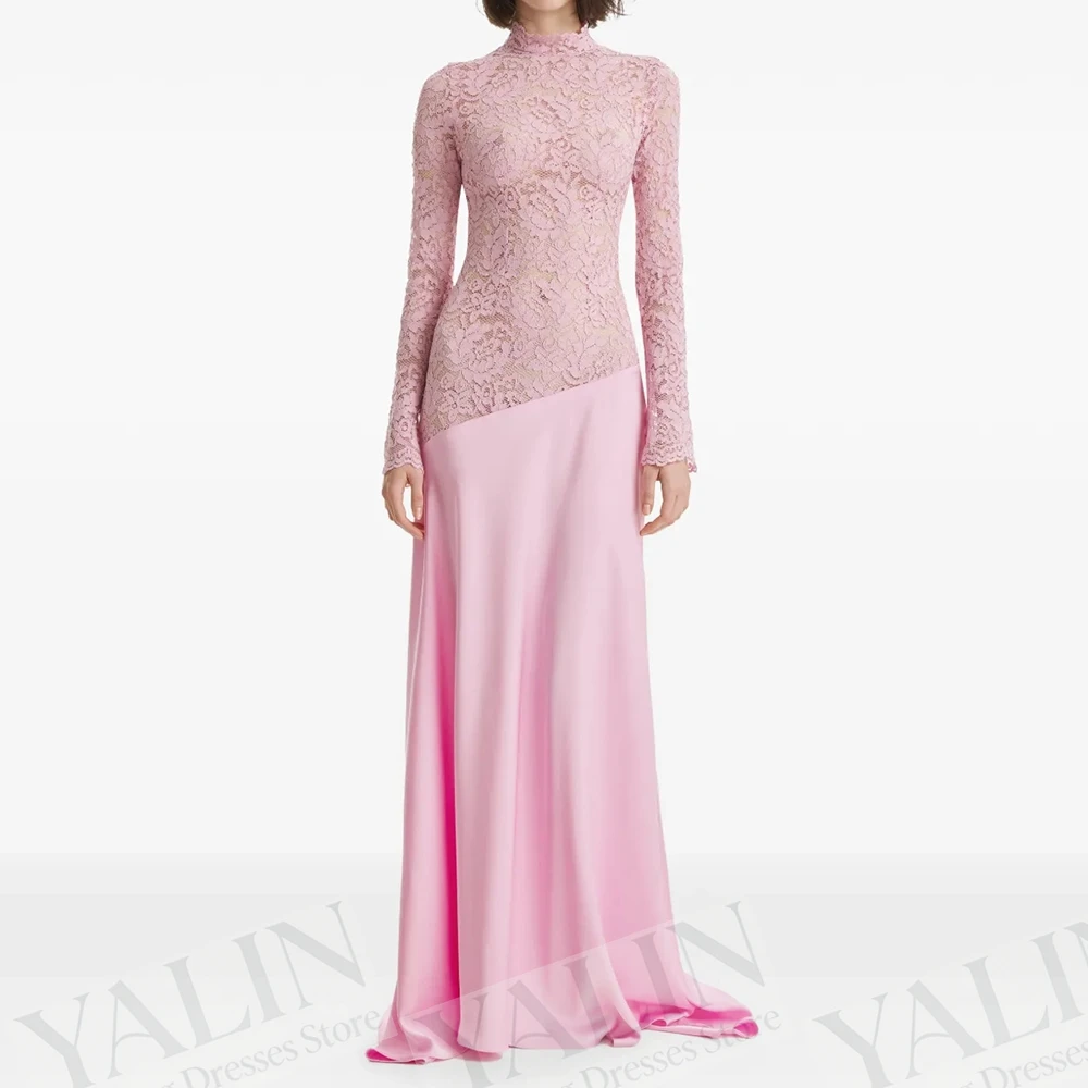 

Women's Mermaid Evening Dresses Floor-length High-neck Full Sleeve Prom Gown Fashion Lace Simple Draped Customized Gowns