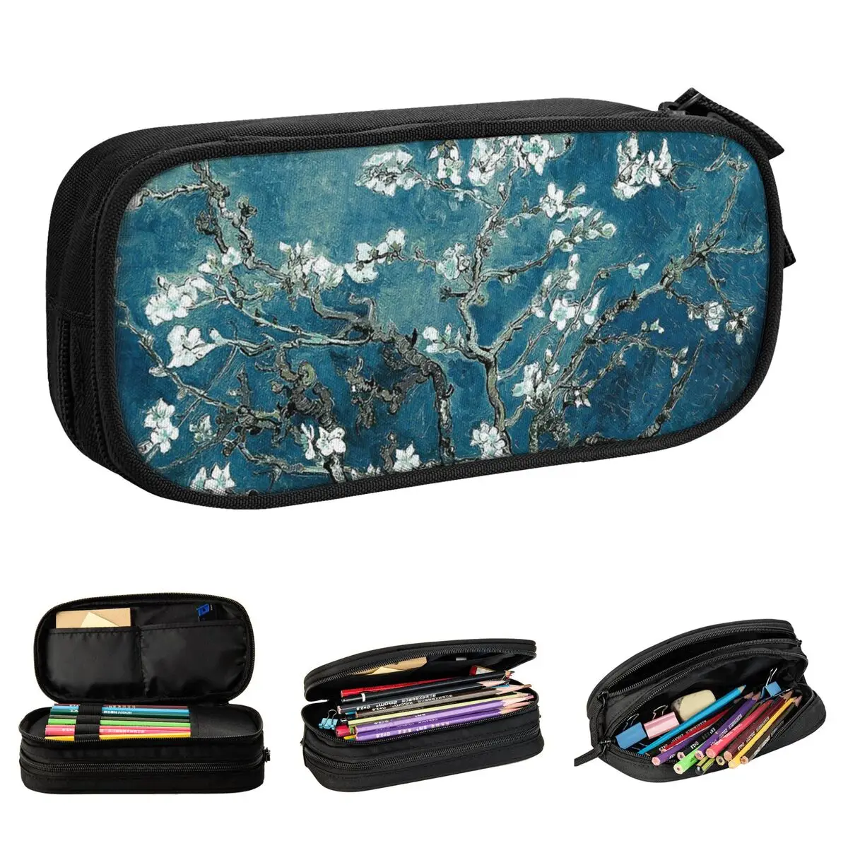 Vincent Van Gogh Almond Blossoms Dark Teal Pencil Case Pencilcases Pen Box Large Storage Bags School Supplies Gifts Stationery