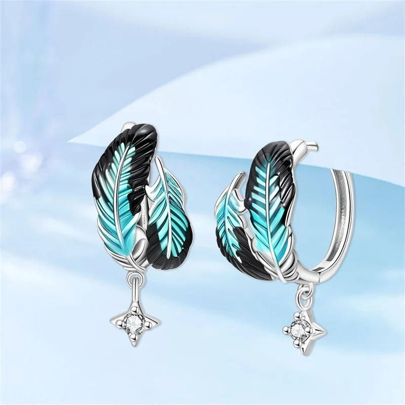 New 925 Sterling Silver Black Feather Blue Flame Hoop Earrings Sparkling CZ Zircon Earrings For Women Fine Birthday Jewelry Gift