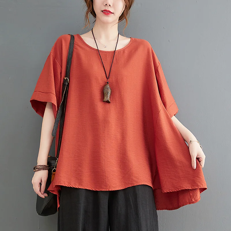 Oversized Vintage Irregular Summer Women Casual Big Size Tshirt Woman Loose T-Shirt Korean Linen Cotton Ladies Womens TShirt Top