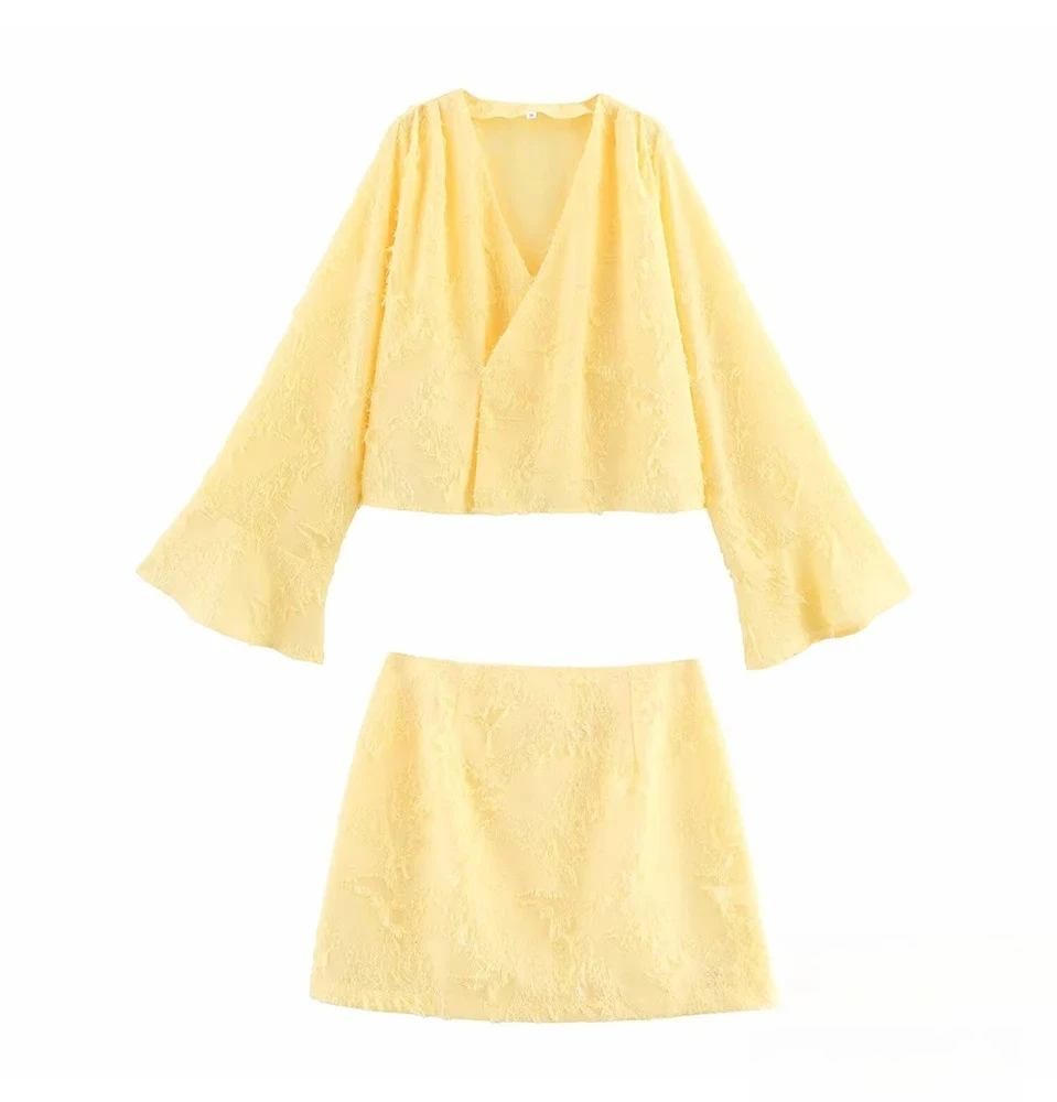 

KONDALA Women High Street Skirt Set Yellow Jacquard Long Sleeved Shirt Or Mini Skirt 2025 Spring Summer Fashion Holidays Lady Se