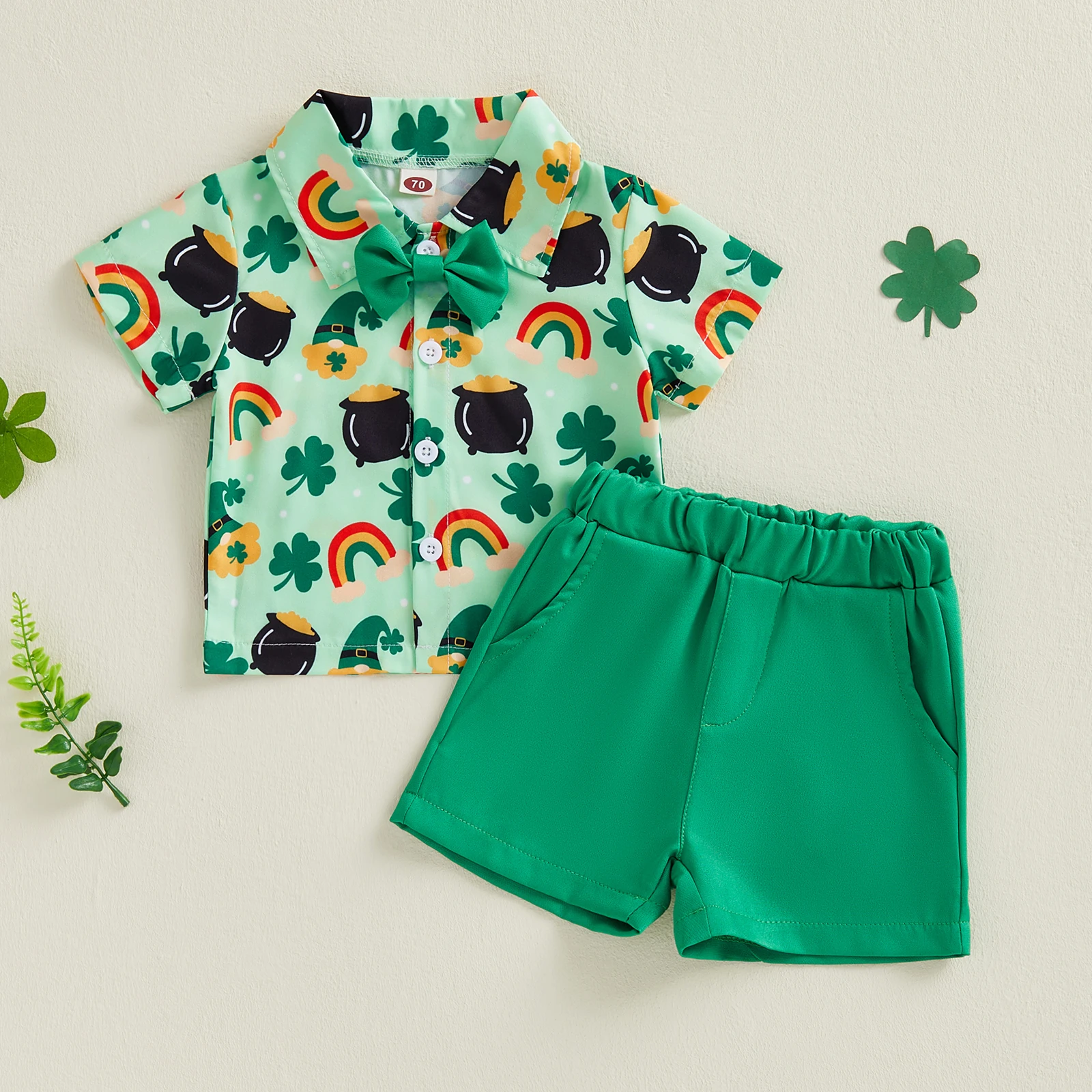 Toddler Baby Boy Irish Outfit Clover Rainbow Short Sleeve Bowtie Shirts and Solid Shorts 2 Piece Spring Set