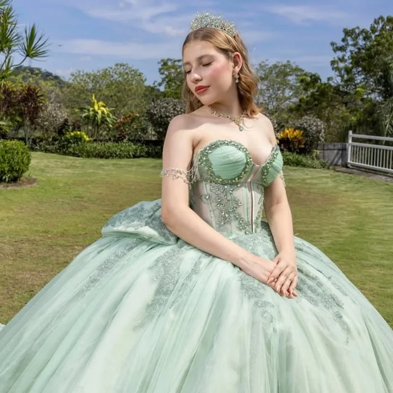 

Mint Green Quinceanera Dress Crystal Glitter Decal 3D flower Long tail Bow off-shoulder Vestidos De 15 Quinceanera ﻿Customize