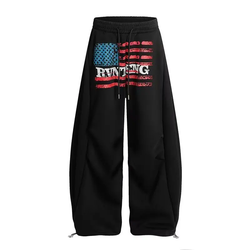Versatile Sports Skateboarding and Basketball Pants Street Letter Printed Elastic Waist Casual Wide Leg Pants for Men and Women