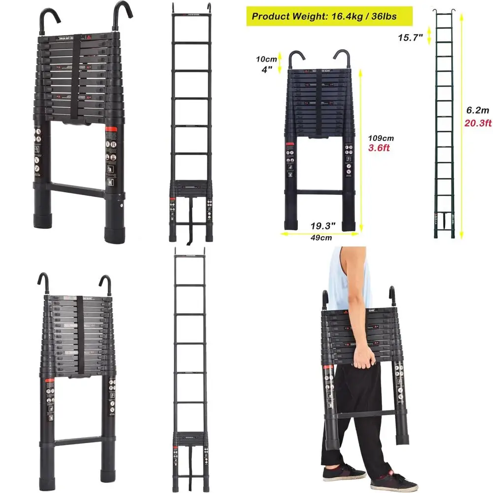 

Aluminum Extension Ladder 20.3FT 6.2m, Portable Home Ladder with Detachable Hooks, 36lbs Weight, Collapsible for Easy Storage