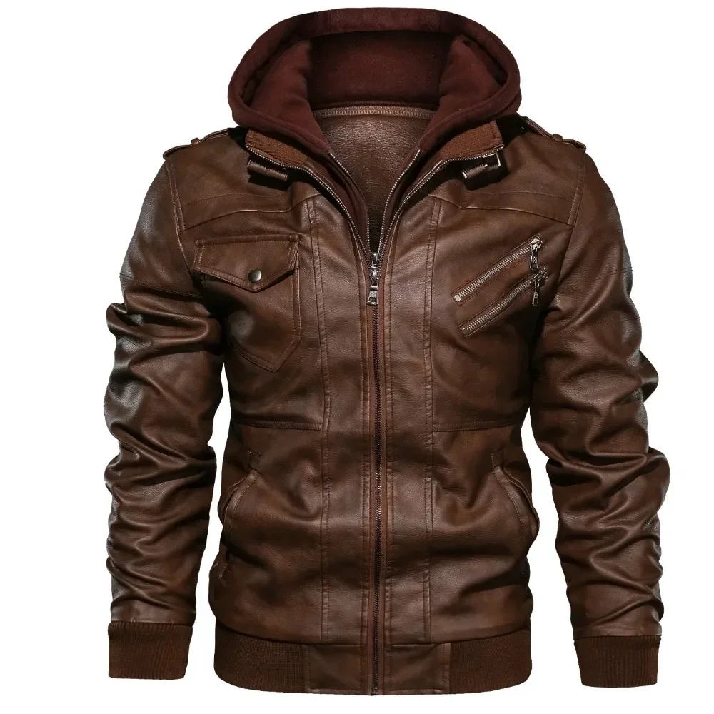 Winter Men Moto Leather Jacket Vintage Boys Long Sleeve Coat Hooded Oversize PU Leather Brown Biker Motorcycle Jacket Male XXXL