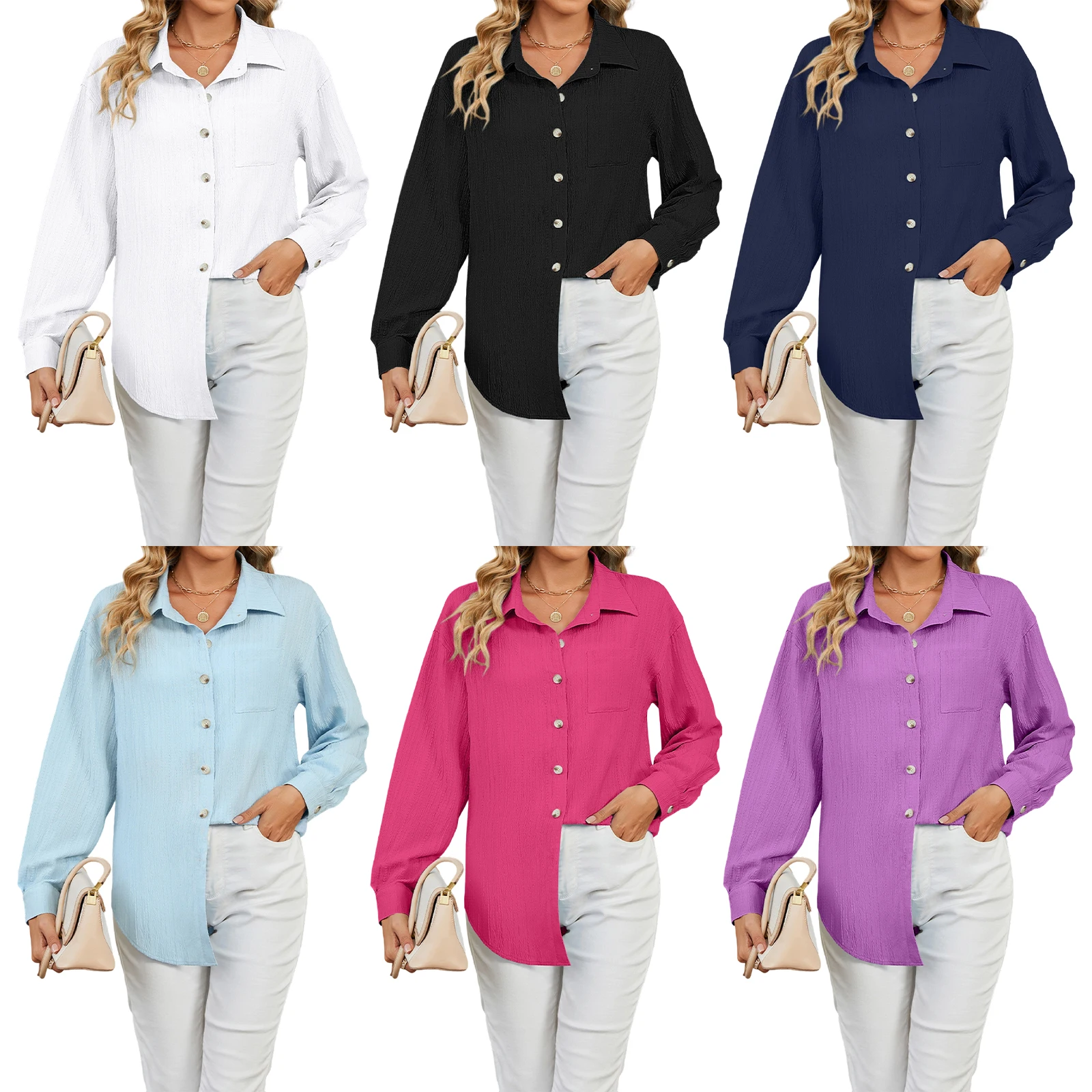 

Женская мода весна осень блузка с длинным рукавом рубашки однотонный отложной воротник на пуговицах офисные повседневные топы уличная одежда