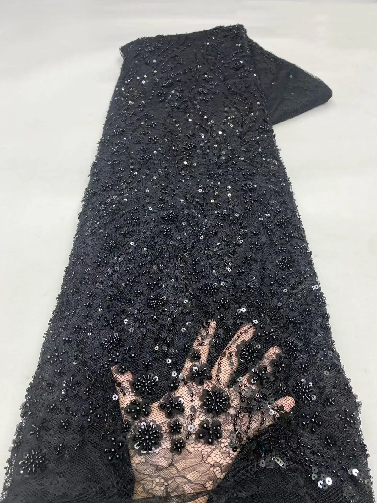 

African Luxury Sequins Lace Fabrics Latest Beaded Embroidery French Tulle Mesh Lace Fabric Material for Party Wedding