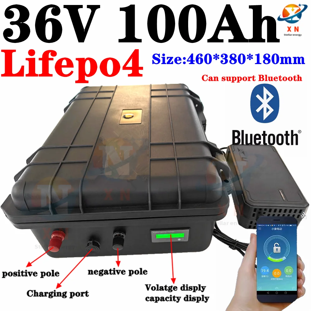 

Batterie 36V 100AH lifepo4 lithium battery with Bluetooth BMS, suitable for 2000W electric tricycle, bicycle UPS, bicycle, boat+