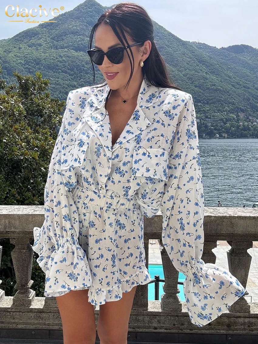 Clacive Fashion Loose Print 2 Piece Sets Women Outfit 2024 Elegant Long Sleeve Shirt With High Waist Ruffle Shorts Set Female