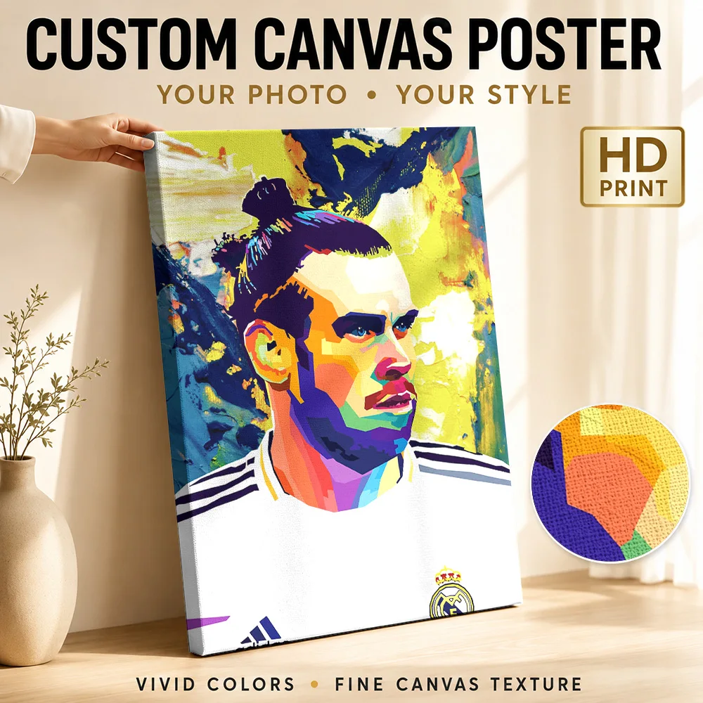 Gareth Bale Portrait Canvas Poster Personalized Photo Geometric Color Blocking Wall Art For Bedroom, Football Supporter Gift