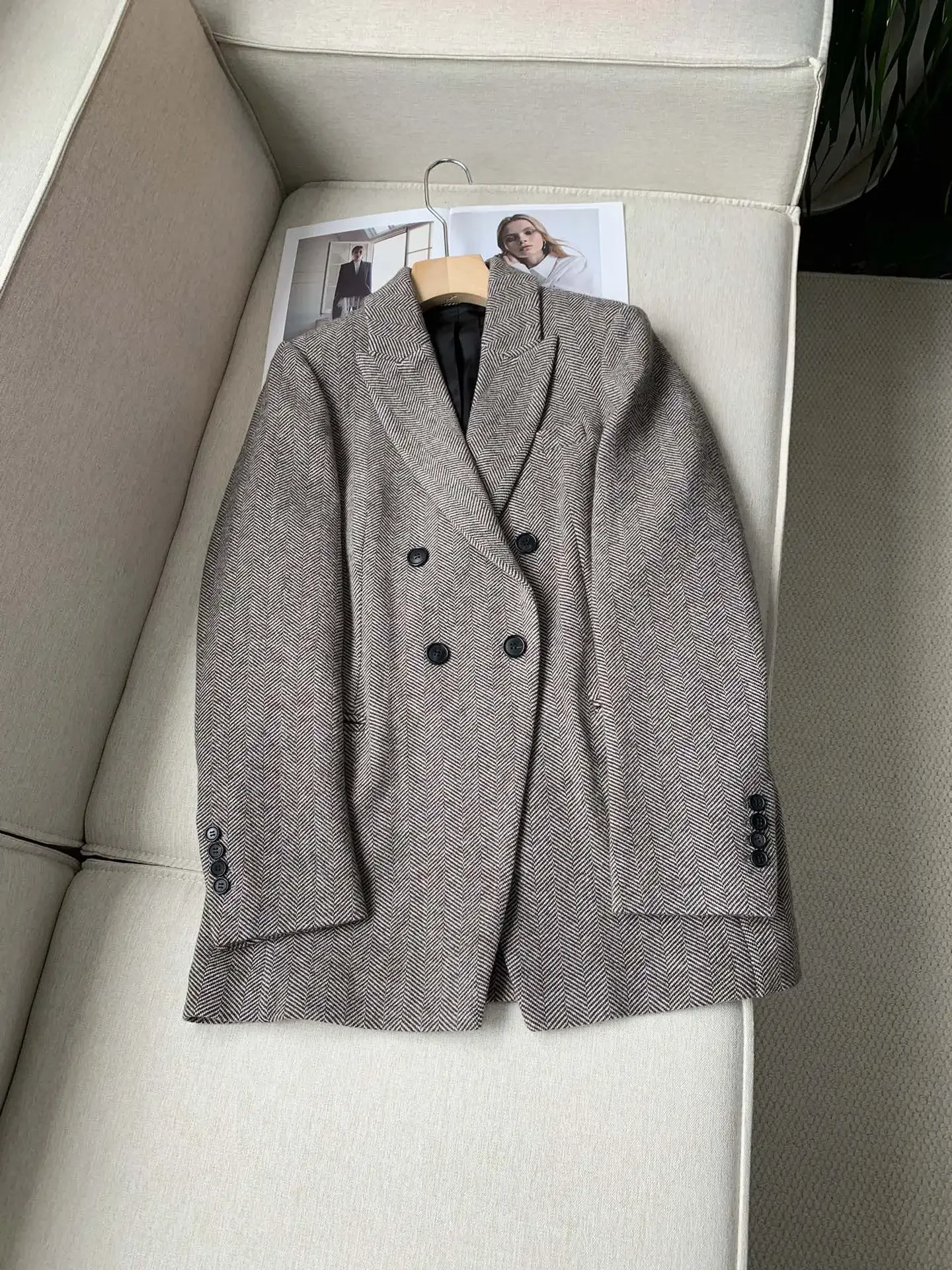 Herringbone Pattern Women's Wool Blazer Autumn Winter Double Breasted Long Sleeve Elegant Female Suit Jacket