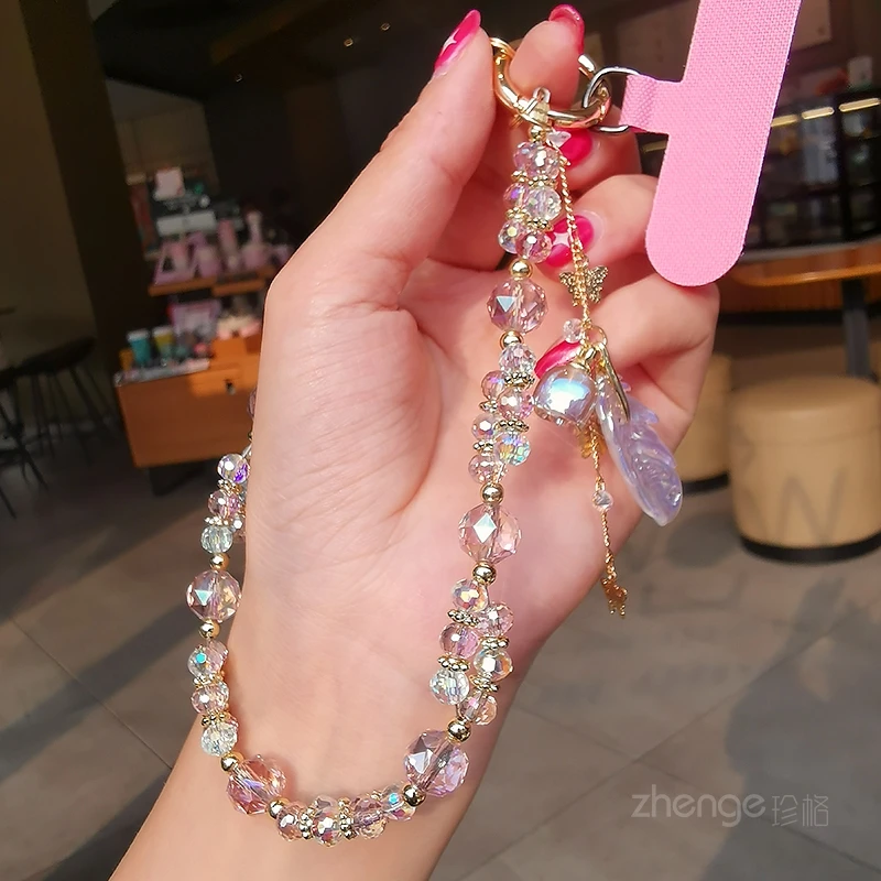 Sweet Clear Crystal Bracelet Boutique Hand Fashion Small Fresh Mobile Cute Phone Lanyard Short Hand Lift Wrist Pendant Bracelet