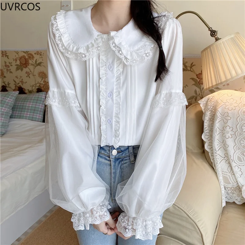 Sweet Lolita Long Sleeve White Shirts Women Japanese Lace Ruffles Peter Pan Collar Elegant Blouses Girly Harajuku Gothic Blusas