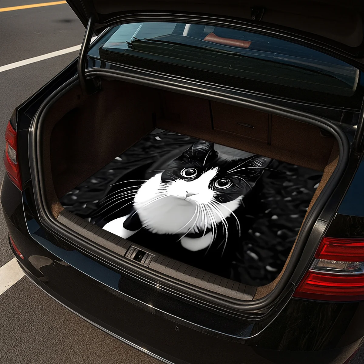 1pc, Non-Slip Fashion Car Trunk Mat, Featuring A Playful Close-Up Design Of A Black And White Cat With Green Eyes - Made Of Dura