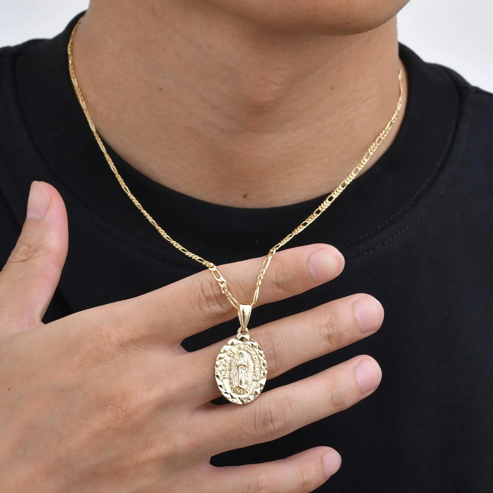 Virgin Mary Necklace for Men Boys,Catholicism Oval Pendant with Figaro Chain,Faith Prayer Jewelry Gift