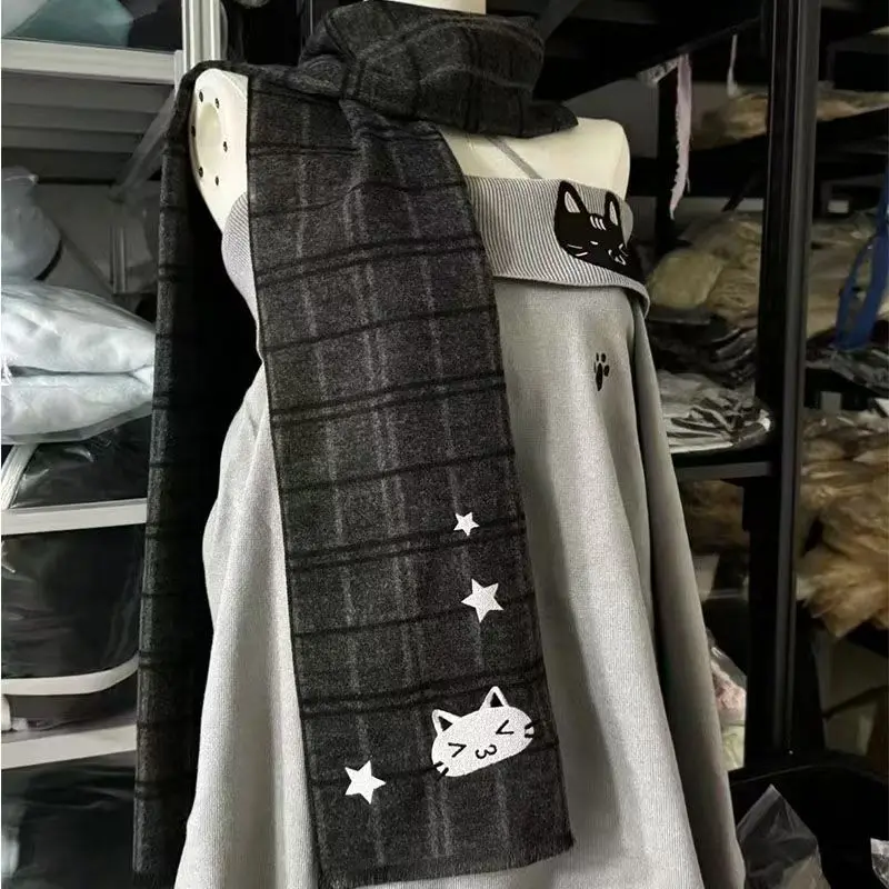 

Autumn Winter New Subculture College Style Scarf Japanese Kawaii Cat Print Scarf Cute Fashion Design Sense Grey All-match Scarf