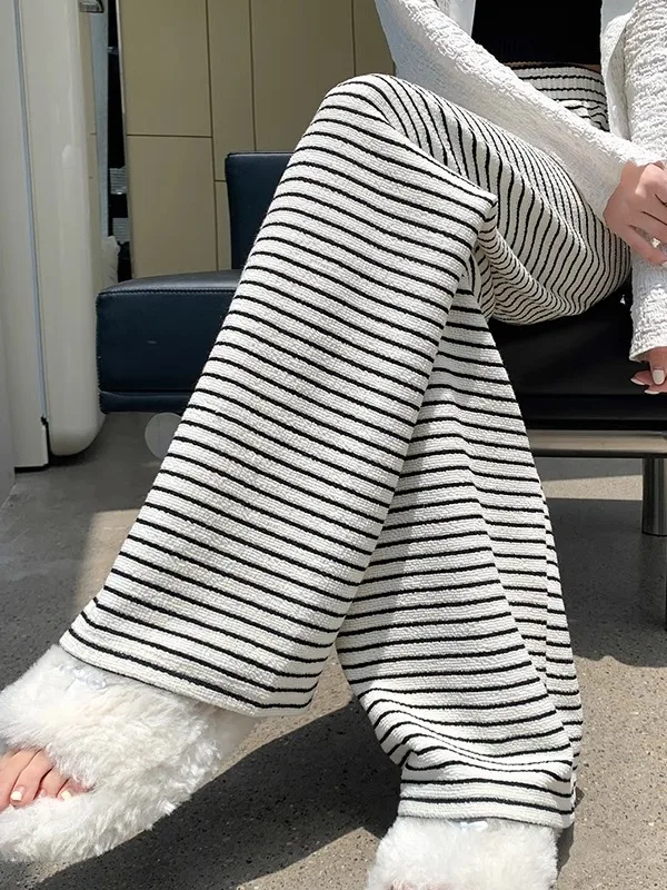 กางเกงขายาวทรงตรงขากว้าง ผ้าเนื้อนุ่ม สวมใส่สบาย สำหรับผู้หญิง ฤดูใบไม้ร่วง ฤดูหนาว เอวสูง ทรงหลวม ช่วยพรางหุ่น สไตล์ลำลอง ยาวคลุมเท้า