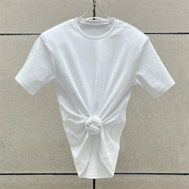 Dames T-shirt 2025, zomer nieuwe schouder gewatteerde slim fit korte mouwen top puur katoen ronde hals trui y2k Crop top korset