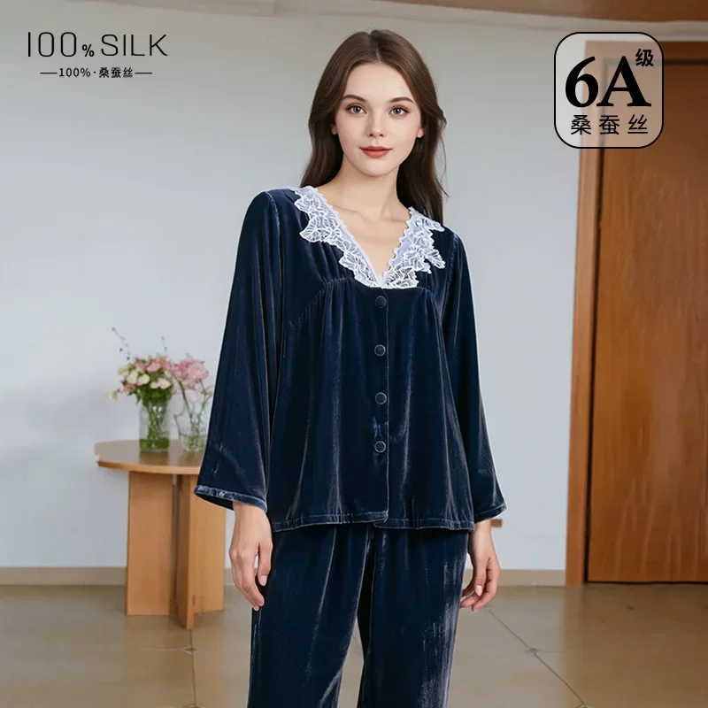 Elegant French Style Mulberry Silk Pajama Set Women Winter Velvet Long Sleeve Shirt & Pants Pajamas Loungewear Outdoor Homewear