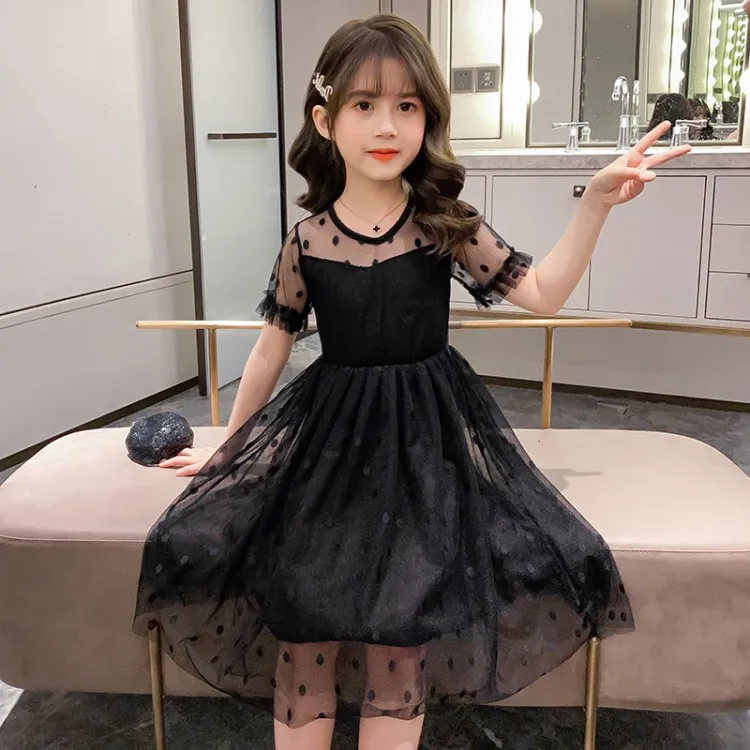 2023 New Summer mesh lace Dress Kids off shoulder mesh lace Princess teenager Girl Clothes Lapels Layer 5 7 8 6 9 11 12 14 year