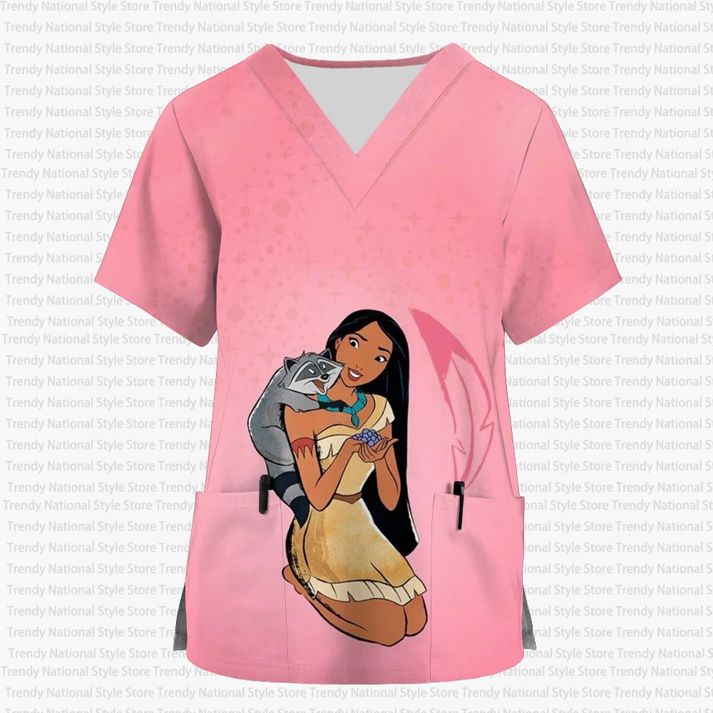Neues Sommer-Damen-Krankenschwesteruniform mit Aufdruck, Disney Pocahontas Princess Care, mattiertes Oberteil für Haustiergeschäfte und Haustiergeschäfte – Arbeits-T-Shirt