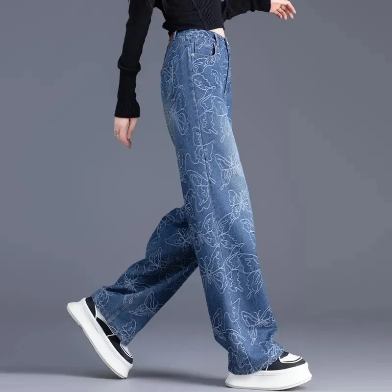 جديد واسعة الساق الجينز النساء الخريف عالية الخصر ونحيف عادية كل مباراة الجاكار ضيق قطع مستقيم الساق السراويل السيدات بنطلون #2