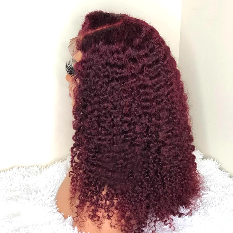 Peruca dianteira do laço encaracolado para mulheres negras, cabelo do bebê, resistente ao calor, sem cola, pré-arrancadas, Borgonha, perverso, longo, 180 densidade, 26in, 99j