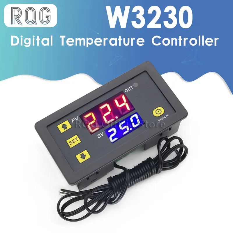 W3230 DC 12V 24V 110V 220V AC 디지털 온도 컨트롤러, LED 디스플레이 온도 조절기, 가열 냉각 스위치 포함, NTC 센서