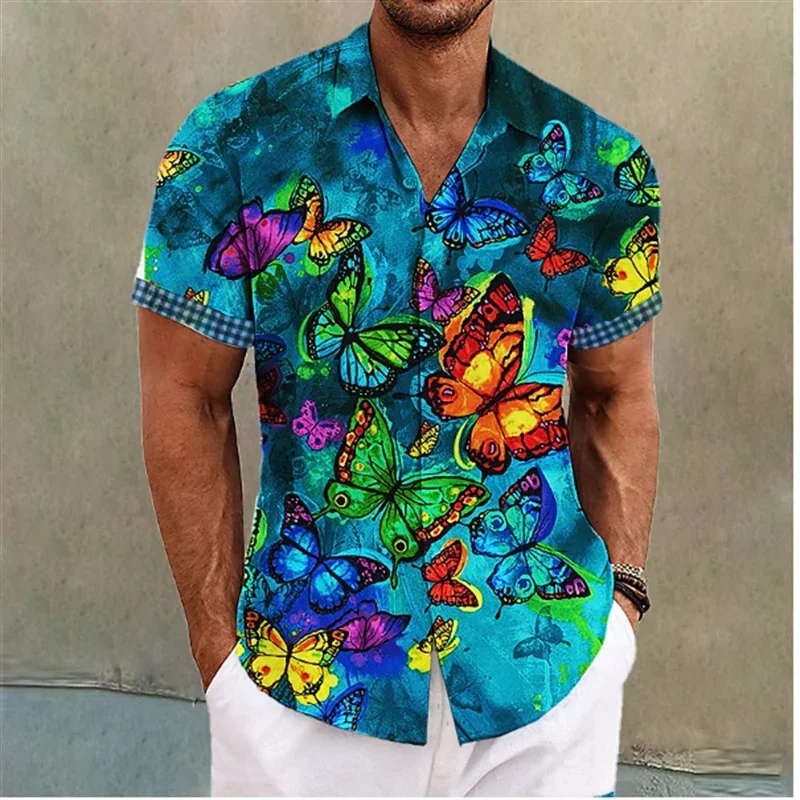 

Summer Harajuku New 3D Colorful Butterflies Printing Shirts Men Florals Graphic Short Shirts Kid Fashion Lapel Shirt Y2k Clothes