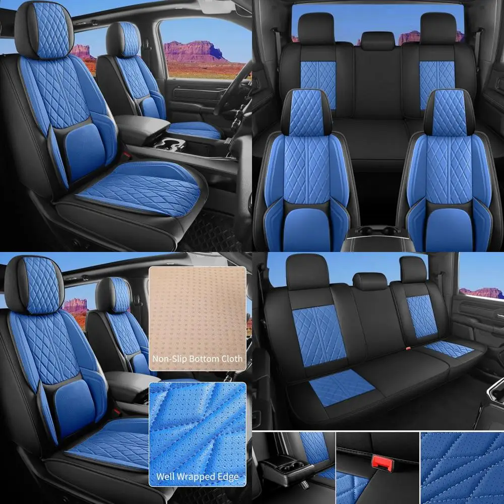 

Universal seat Covers Fit for Cars, SUV, Sedans, with Durable and Breathable Leather(Black & Blue, Full Set)