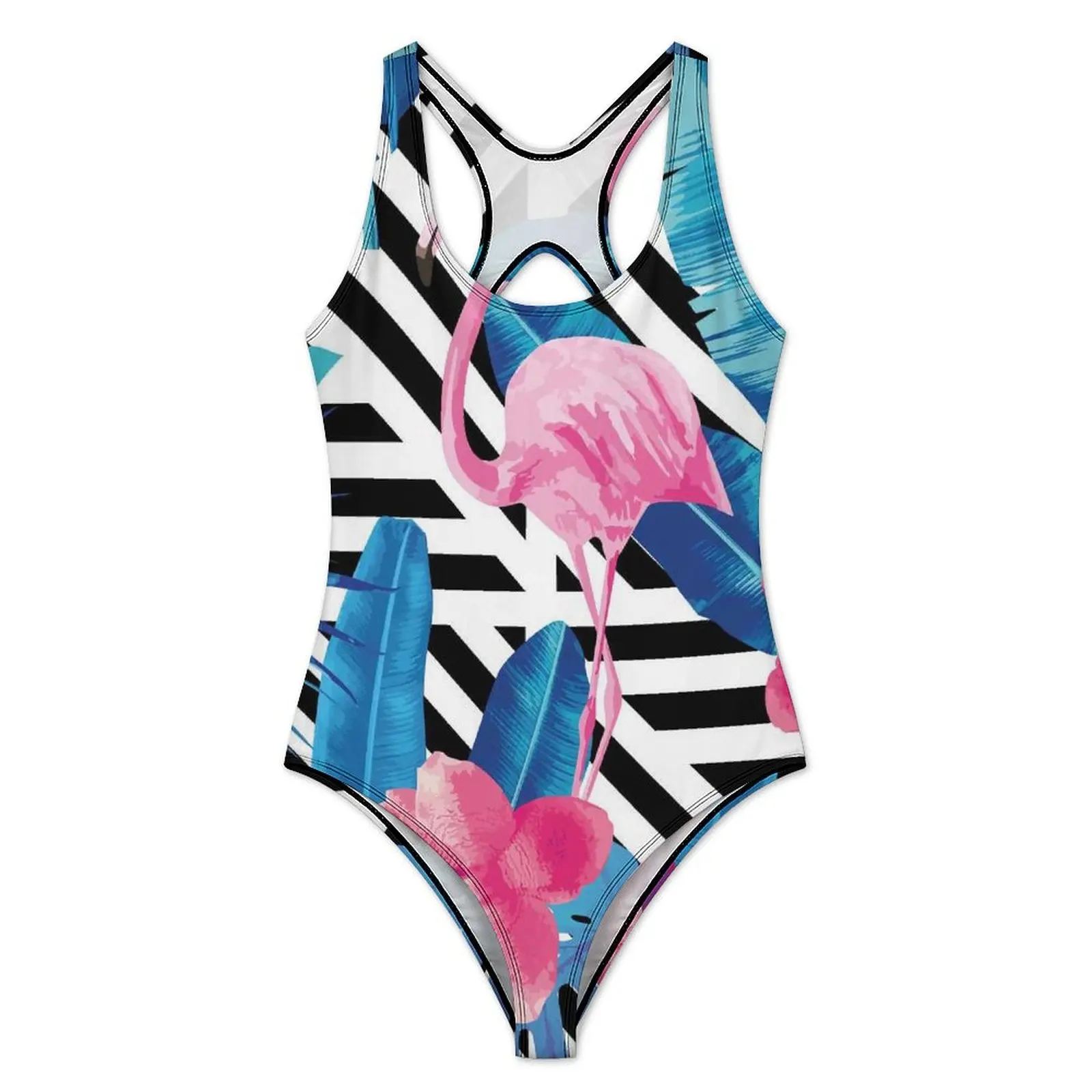 Flamingo Art Swimsuit Sexy Stripe and Leaf Print Lady Swimwear One-Piece Stylish Bodysuit Beach Push Up Sleeveless Bathing Suits