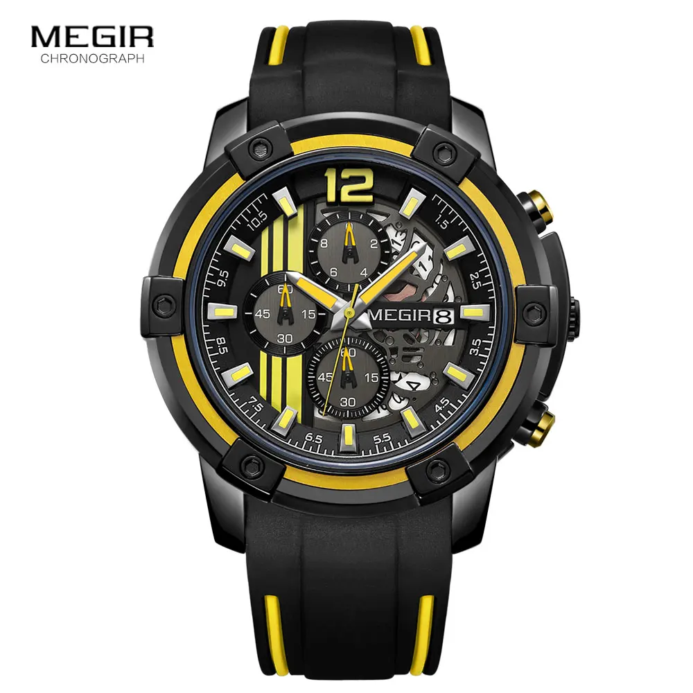 Megir-Reloj deportivo de cuarzo para hombre, cronógrafo amarillo con correa de silicona negra, manecillas luminosas, impermeable 3 atmósferas,