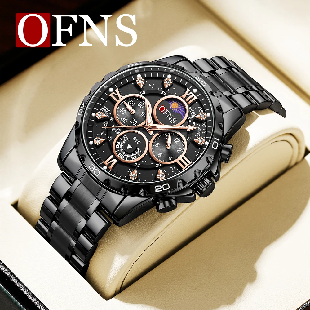 

OFNS New 1523 Fashionable Men's Steel Band Six Needle Quartz Watch Fashionable and Simple Night Glow Waterproof Men's Watch