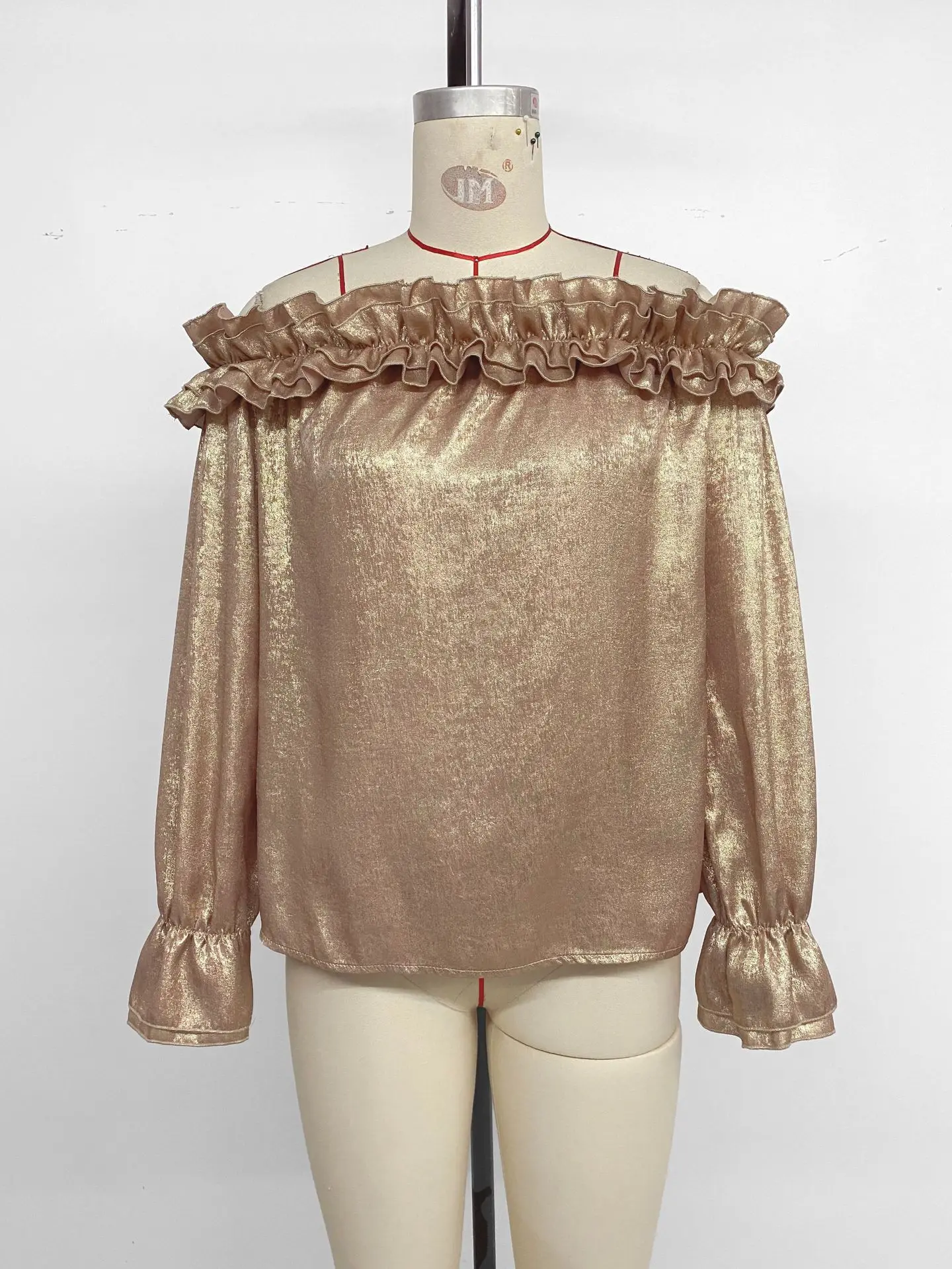 2025 Gold Off Shoulder Shirt Women Sexy Elegant Party Blouse Long Sleeve Ruffle Top Night Club Dinner Going Out Tops