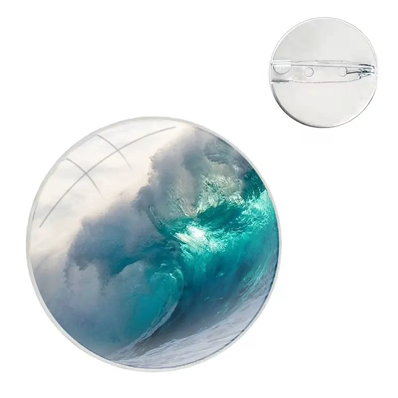 Glass Dome Brooches Shirt Lapel Bag Cute Badge Pins For Clothes Hat Accessories Summer nature sea blue Ocean Waves