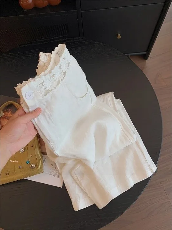 

High Waist Casual Linen Pants Hollow out Floral Design Loose Fit Women's plus Size Trousers Drapey Wide Leg Pants