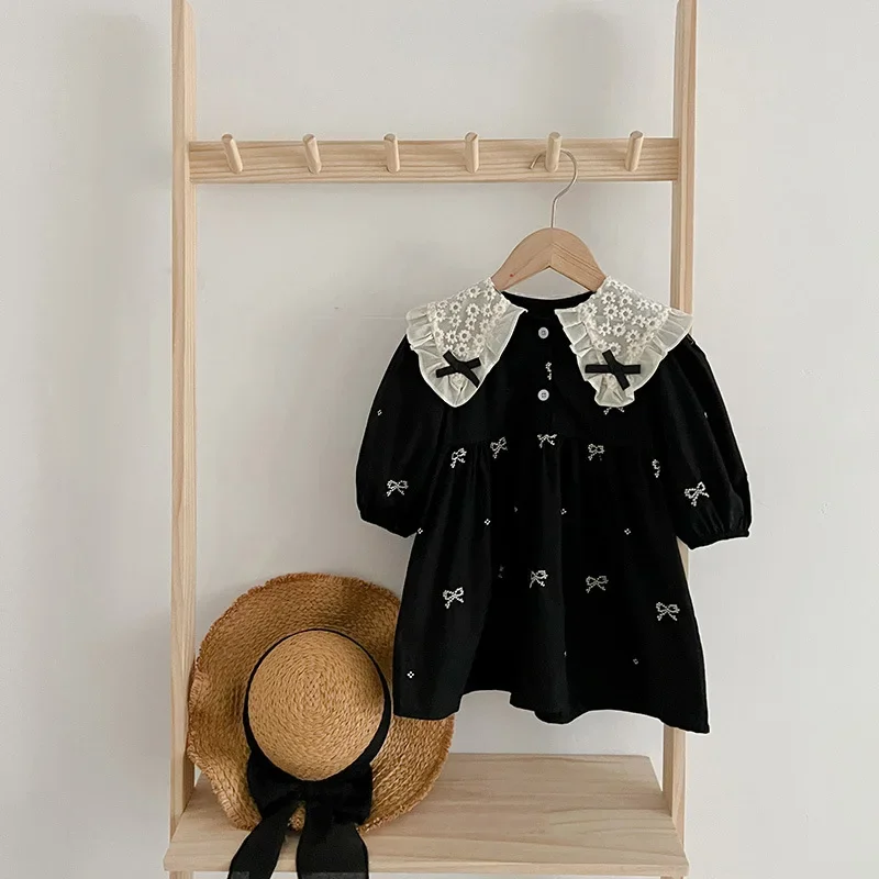 Girls Dress Daily Casual Skirt Dress Outer Wear Sweet and Cute Black Skirt with White Print and Bow Short Sleeve Girls Outfit