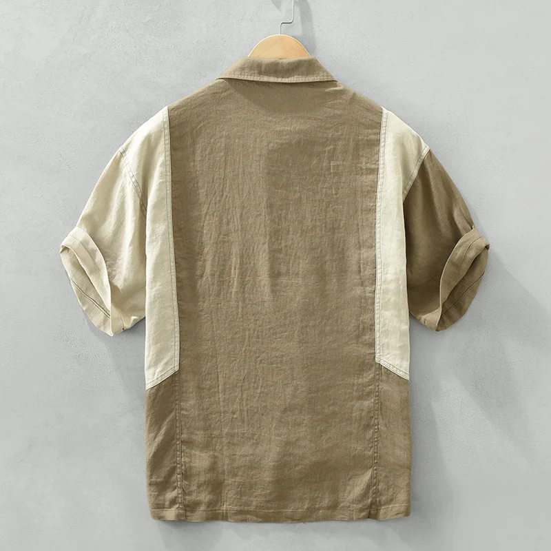 2785 100% Linen Patchwork Shirt Men\'s Summer New Fashion Short Sleeve Vintage Loose Casual Thin Breathable Cozy Blouse Daily Top