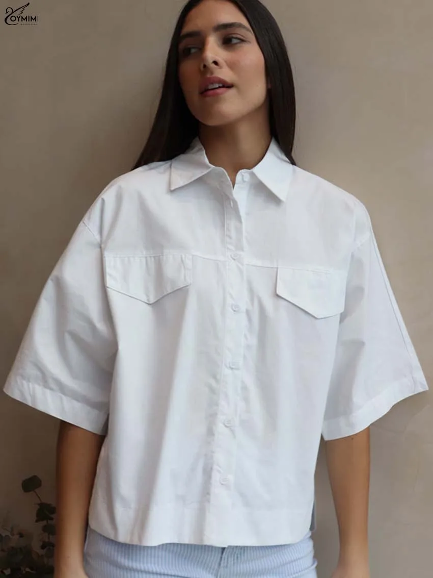 Oymimi Casual White Cotton Women's Shirt Fashion Turn-Down Collar Half Sleeve Shirts Elegant Single Breasted Side Slit Shirts