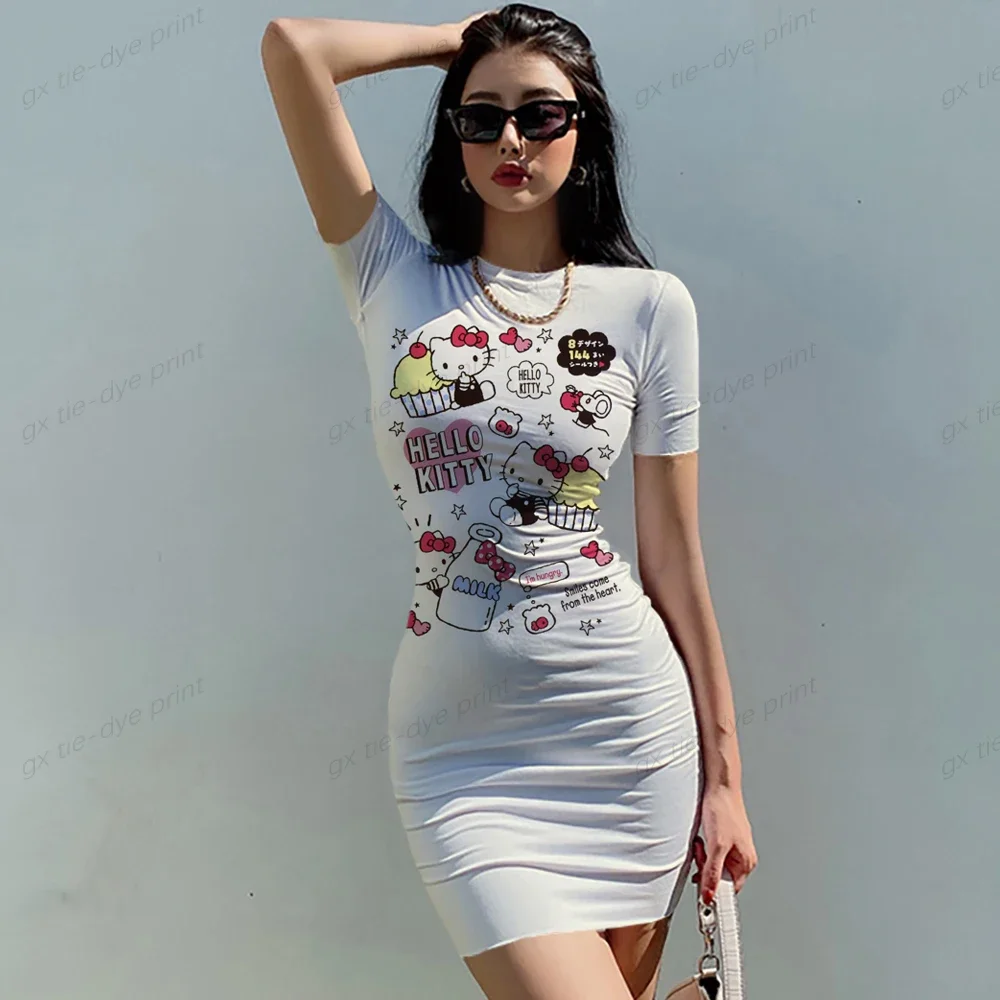 New Sexy Women Red And Pink Hello Kitty Print Short Sleeve Party Dress Elegant Halter Bodycon Mini Skinny Dresses