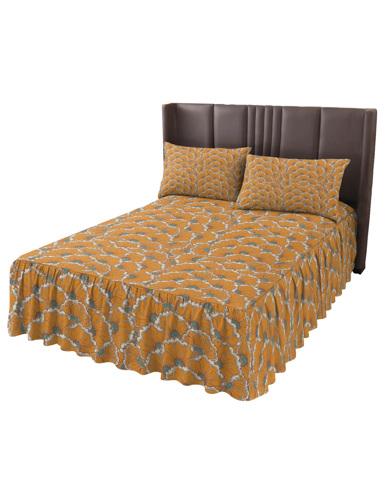 Orange Texture Flower Plant Bed Skirt Elastic Fitted Bedspread With Pillowcases Mattress Cover Bedding Set Bed Sheet