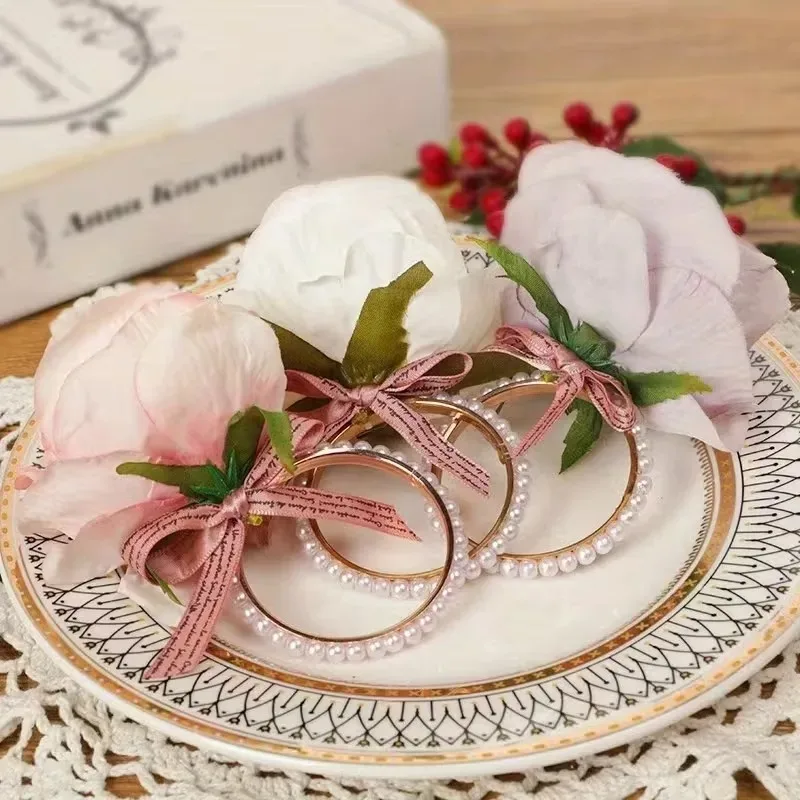 1-24PCS Pearl Flower Napkin Rings Alloy Rose Napkin Holder Creative Table Decor for Wedding Party Hotel Dining Centerpiece