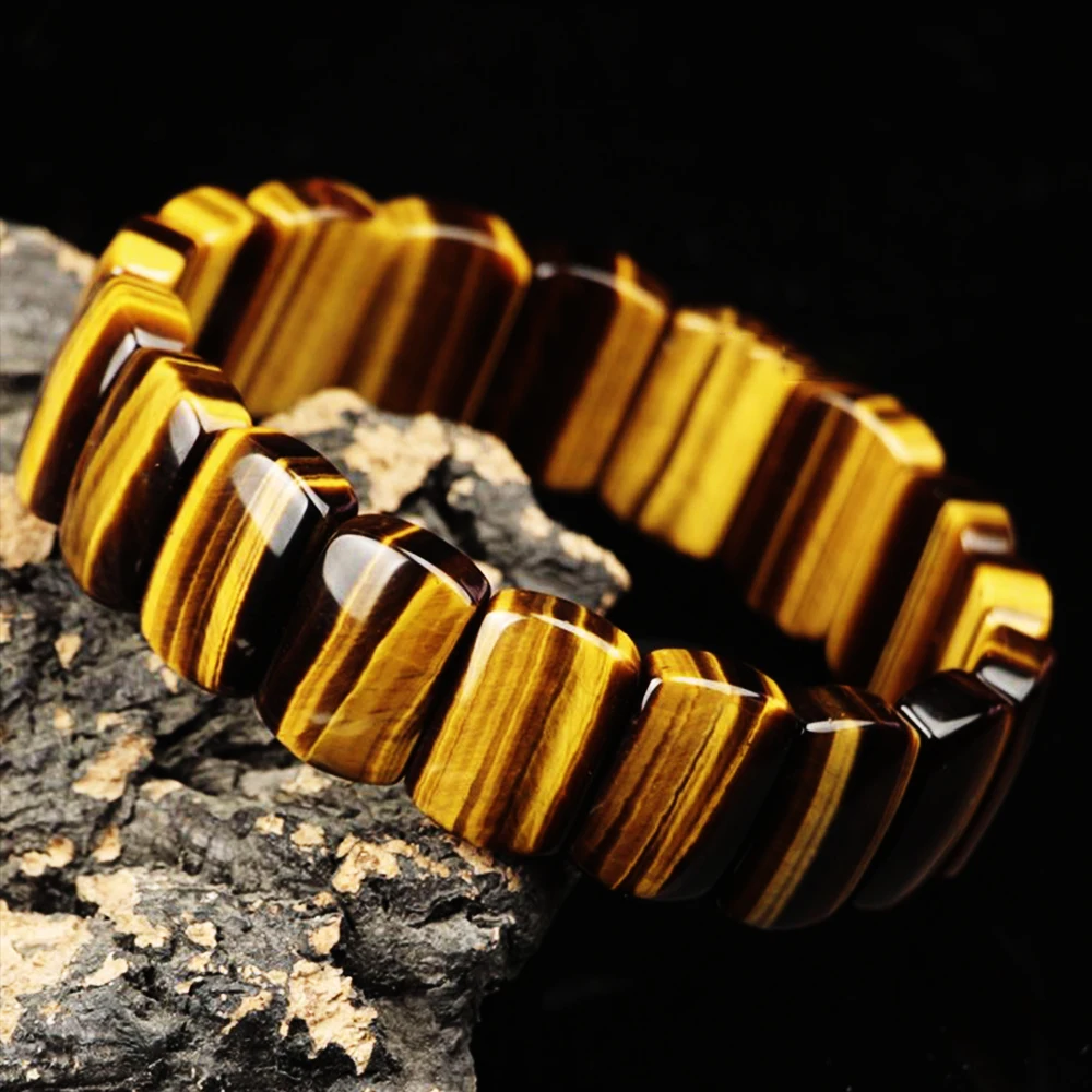 Natural Tiger Eye Stone Square Bracelets Handmade Reiki Healing Meditation Bangles Elastic Rope Stone FengShui Couple Jewelry