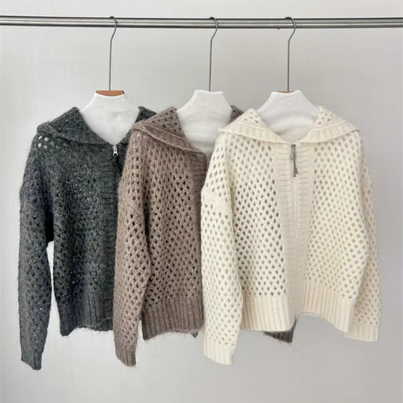 

Women's Autumn and Winter New Hooded Sequin Cashmere Knitted Cardigan Hollow Sweater Jacket