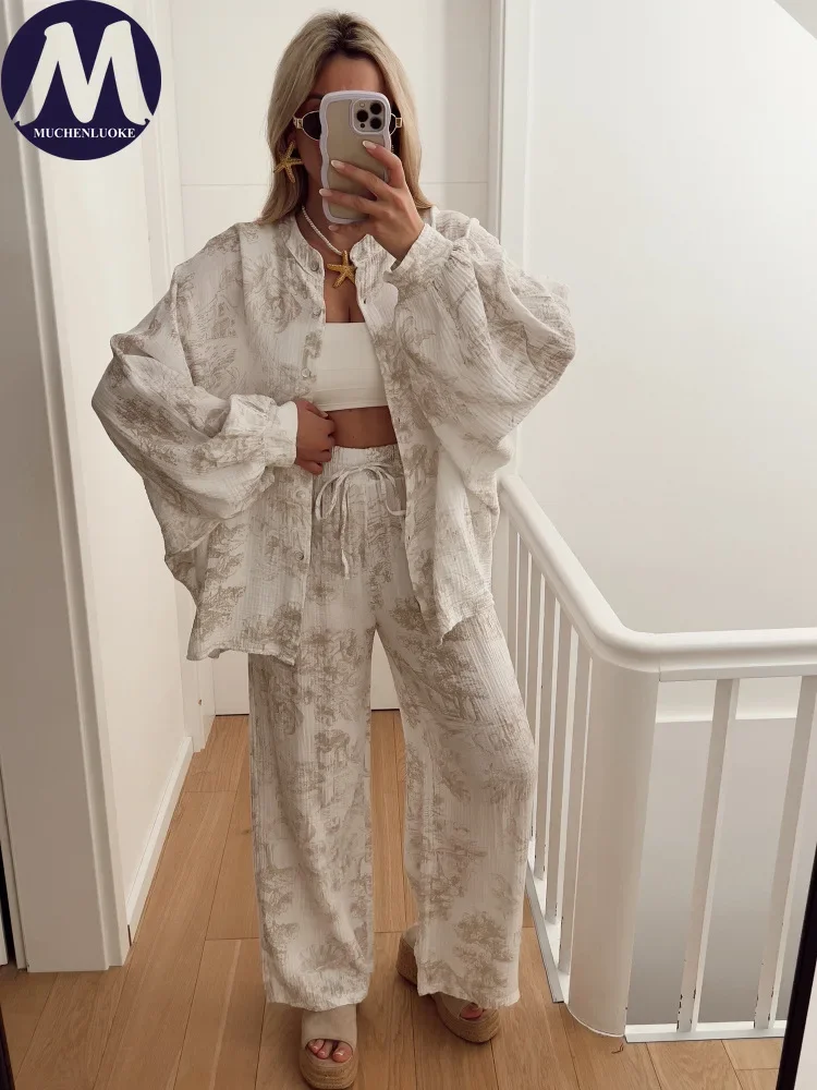 2 Pieces Set for Woman Summer Autumn New Casual Printed Long Sleeved Shirt Tops  Suits Fashionable Loose Wide Leg Pants Sets