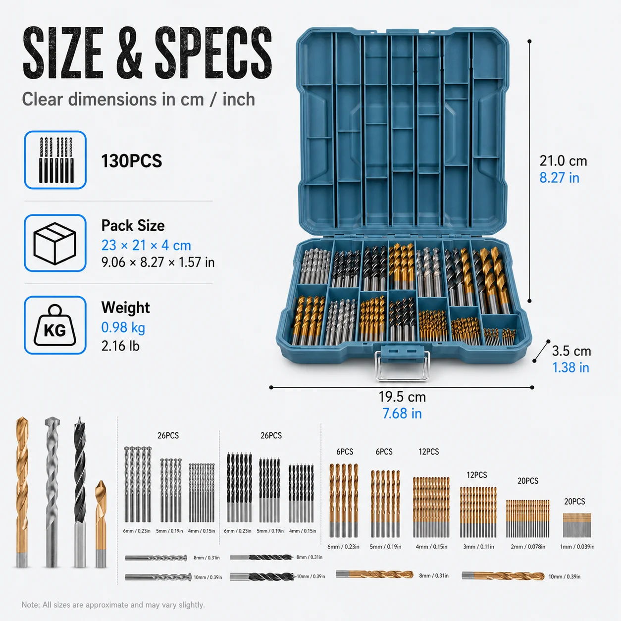 130PCS Drill Bit Set, HSS Twist, Masonry & Brad Point Wood Drill Bits for Metal, Brick, Wood DIY Drilling