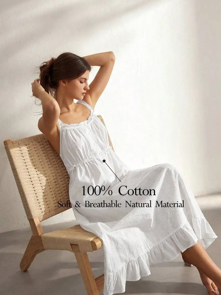 

Womens Solid White Lace Trimmed Sleeveless Nightgown Cotton